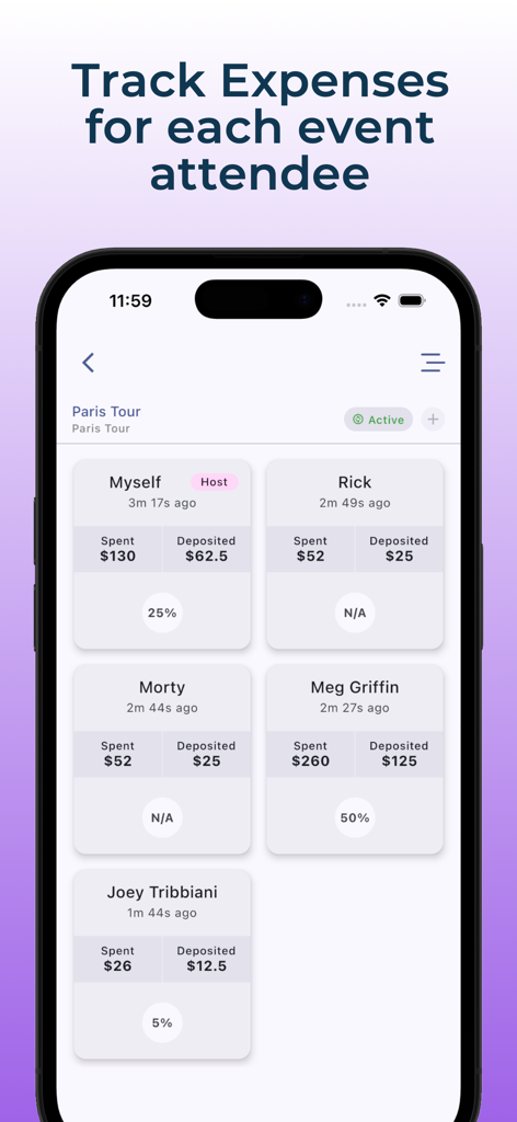 Tela do aplicativo móvel rastreando despesas compartilhadas de eventos entre membros do grupo.