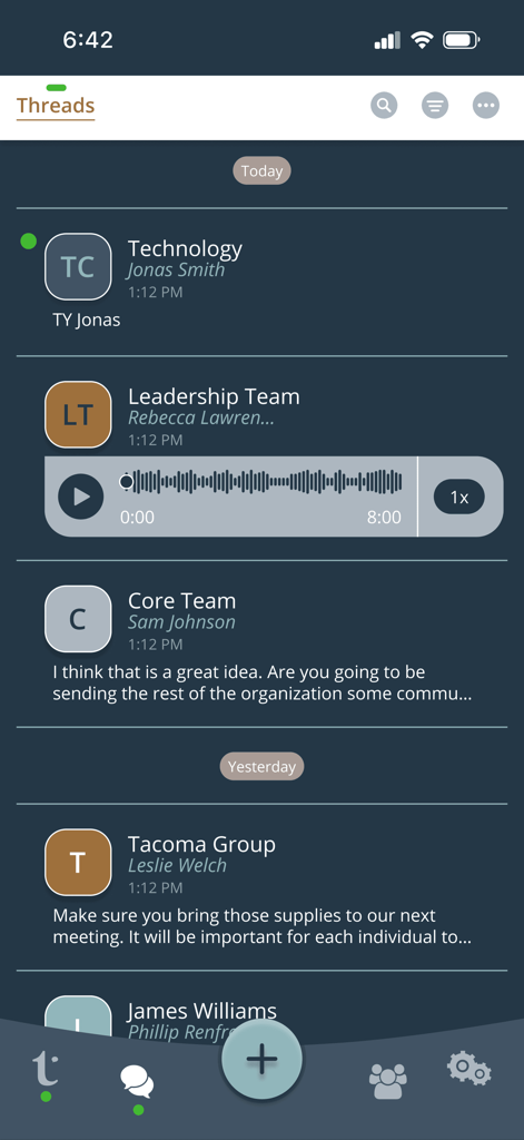 Topics™ - Interface of Topics app displaying group chat threads and an audio message from a leadership team