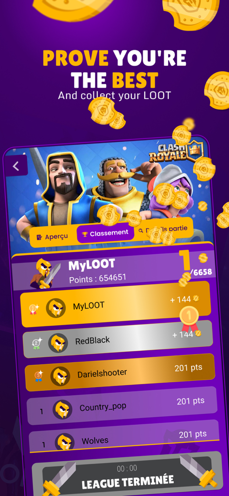 MyLOOT - Leaderboard display in the MyLOOT app showing Clash Royale player rankings and points for a gaming tournament.
