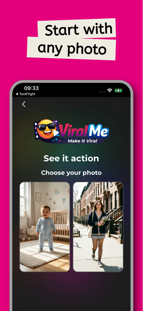 ViralMe AI - L'interface de l'application ViralMe AI affichant des options pour choisir une photo pour des effets vidéo IA