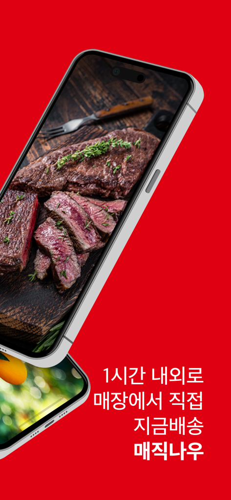 Pantalla de la aplicación móvil Homeplus con filete a la parrilla y texto de entrega rápida en 1 hora en coreano