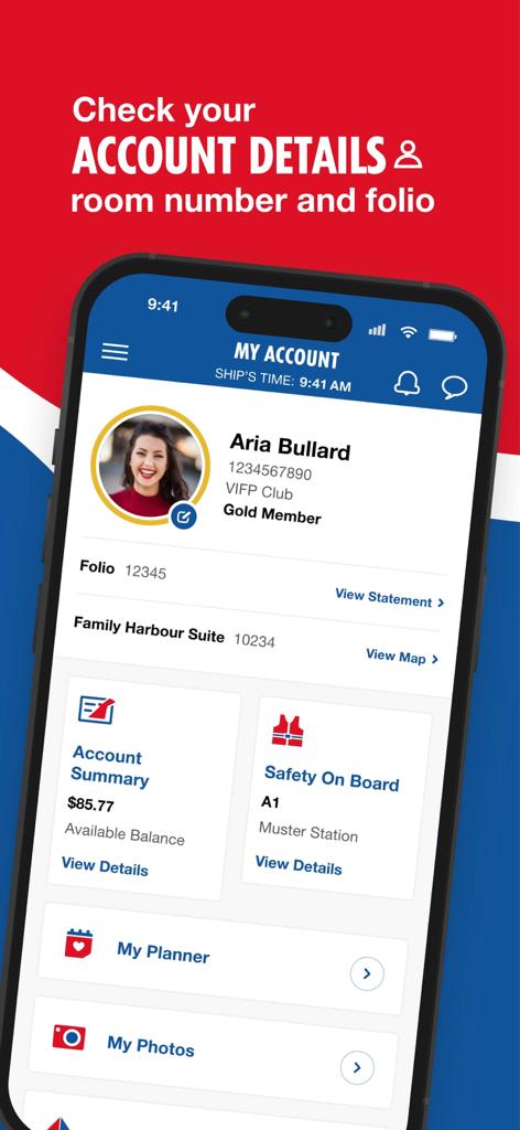Carnival HUB app interface showing account details room number and shipboard balance summary