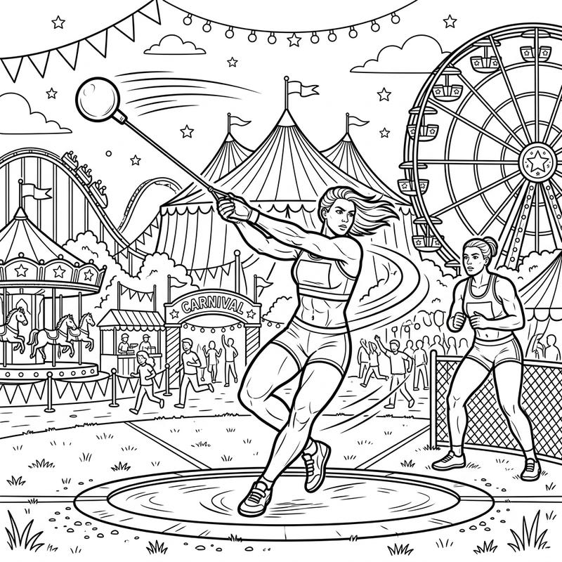 Experience the exhilarating blend of athletic power and festive fun with this unique coloring page! Featuring dynamic hammer throwers set against a vibrant carnival backdrop, this template promises hours of creative enjoyment. Capture the energy of the fairground and the intensity of the sport with your favorite colors.