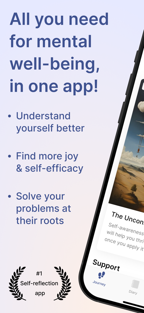 Me: Self Care App - Marketing-Folie der Me Self Care App, die Vorteile für das geistige Wohlbefinden und die Selbstreflexion zeigt