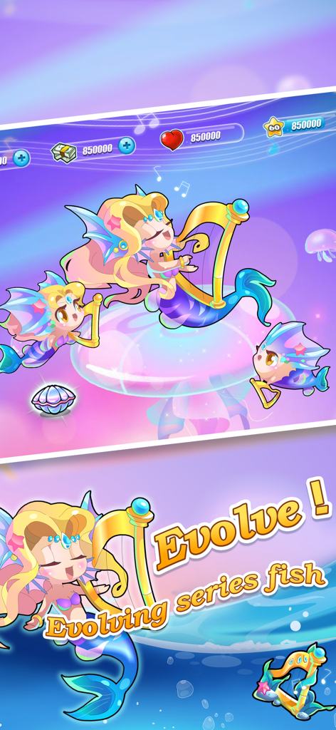 Happy Fish + - Evolving mermaid fish playing harps in Happy Fish plus mobile game