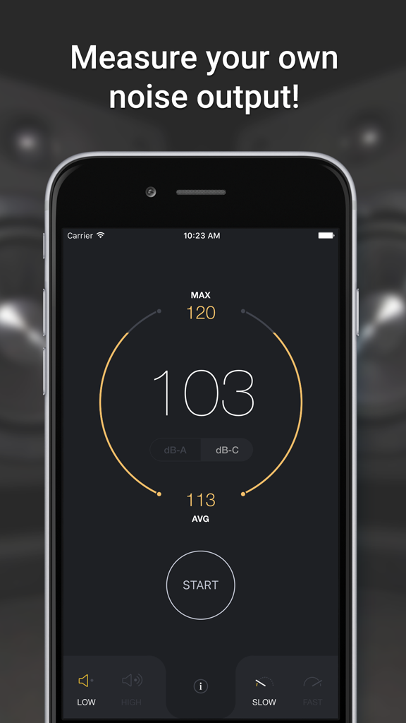 iPhone displaying the dB Decibel Meter app measuring a noise level of 103 decibels