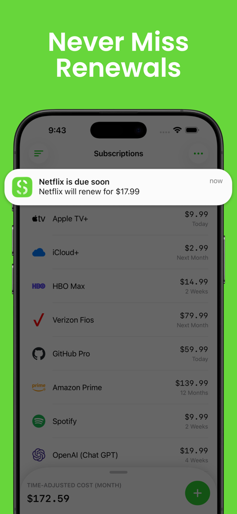 An iPhone screen showing the Subscription Manager app with a list of active subscriptions and a notification for an upcoming Netflix renewal.