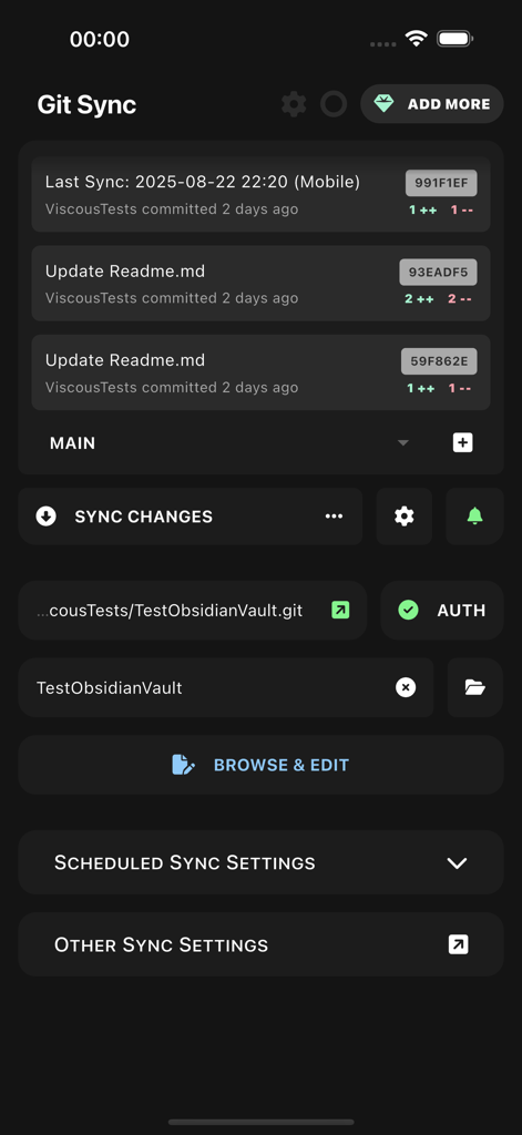 GitSync - GitSync mobile app dashboard showing recent commits sync status and repository settings for developers