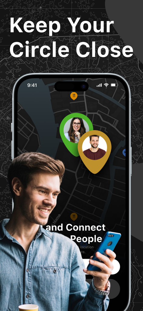 GeoTag Location: Phone Tracker - A smartphone screen displaying the GeoTag Location app with family members pinned on a map and the headline Keep Your Circle Close