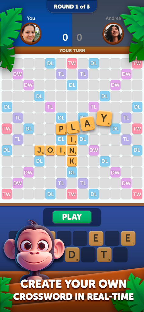 Gameplay screenshot of Monkey Words showing a head-to-head crossword match with a cute monkey mascot and a real-time word board.