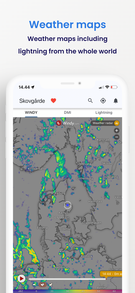 Weather from DMI and YR - Wetterradarkarte, die Niederschläge über Skandinavien und Nordeuropa in der Wetter von DMI und YR App zeigt.
