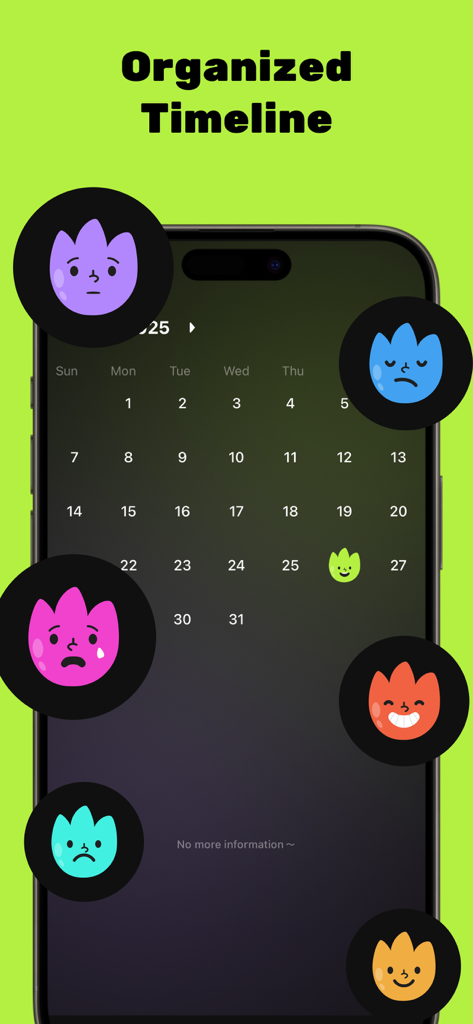 Emotide-My Emotion Recoder - Captura de pantalla de la aplicación Emotide que muestra una vista de calendario de línea de tiempo organizada e iconos de emociones coloridos