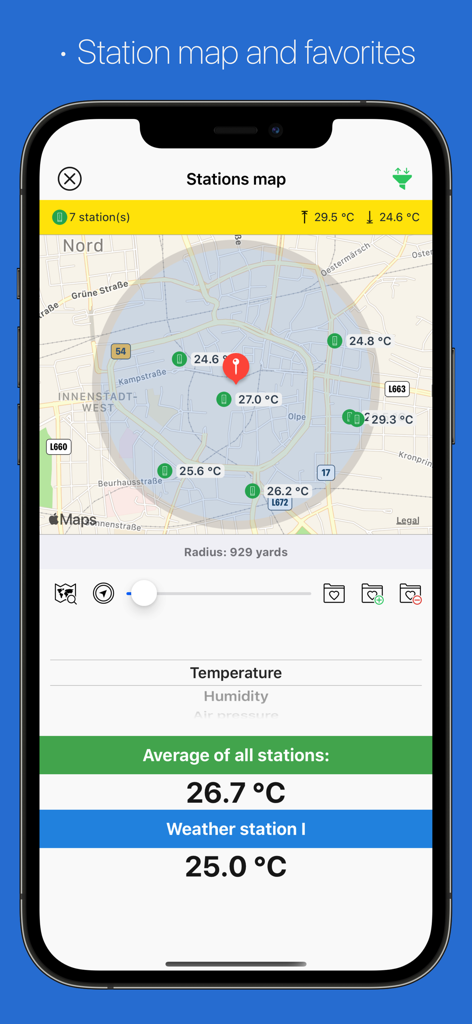 myatmo - A map interface in the myatmo app showing multiple weather station locations and their local temperature readings