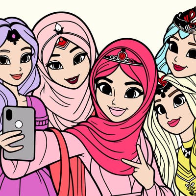 princesses taking a selfie together realistic
