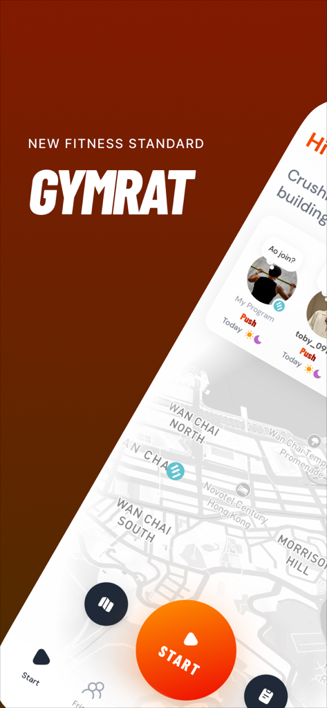 GYMRAT fitness app interface showing a map of the local area and a large orange button to start a workout