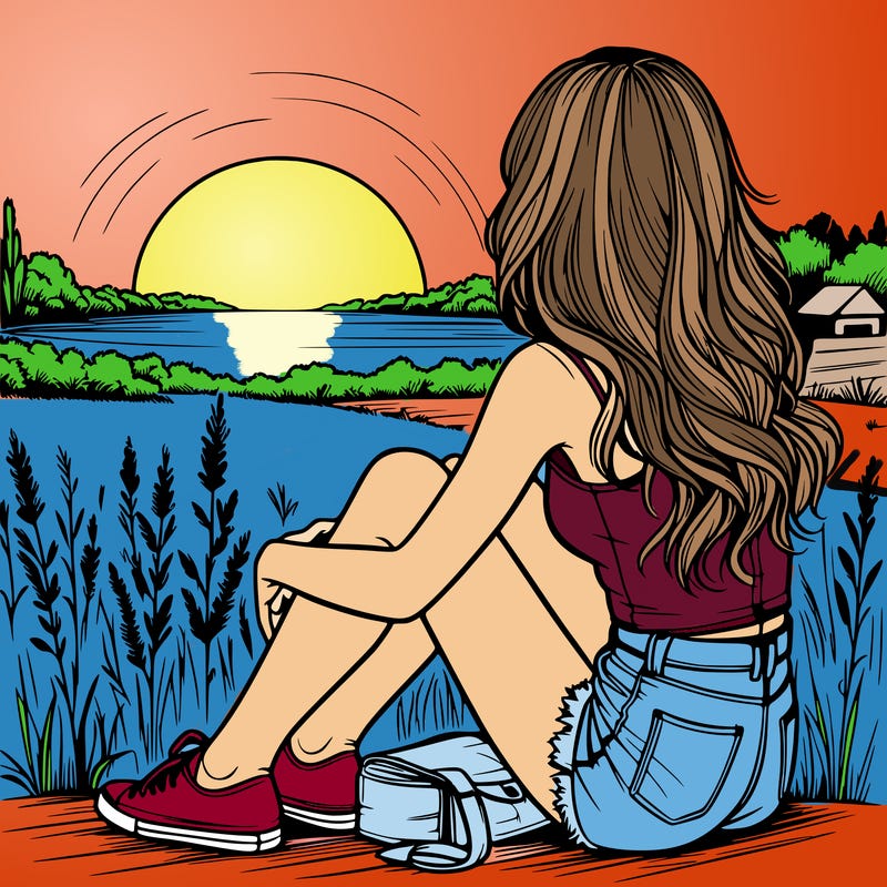 realistic girl sitting and watching the sunset
