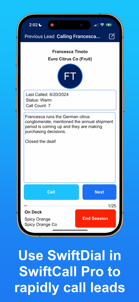 Interface do aplicativo móvel SwiftCall CRM mostrando detalhes de contato de leads e opções de discagem rápida.