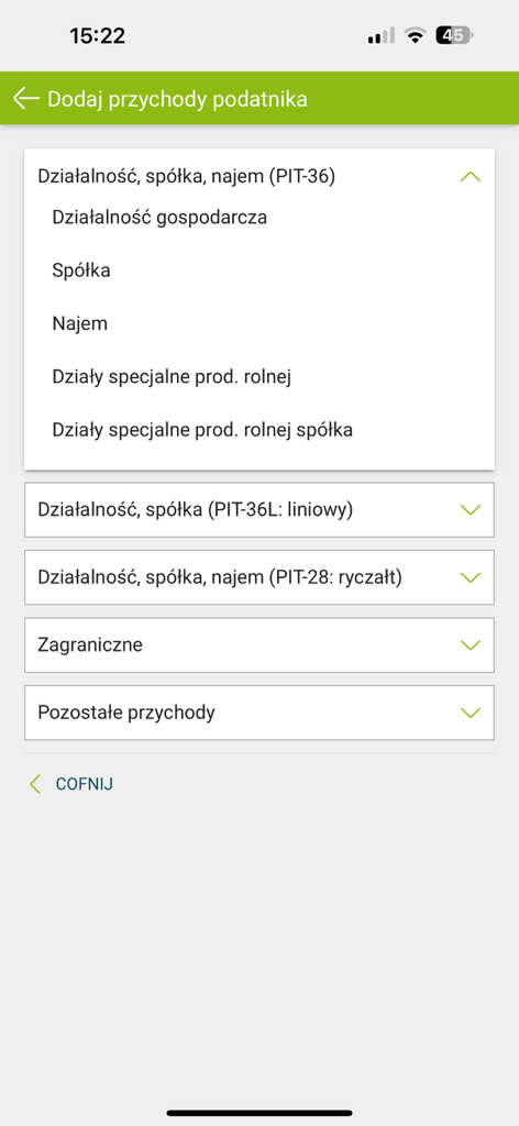 e-pity - Mobile screen of the e-pity app showing options to add taxpayer income categories for Polish tax returns.