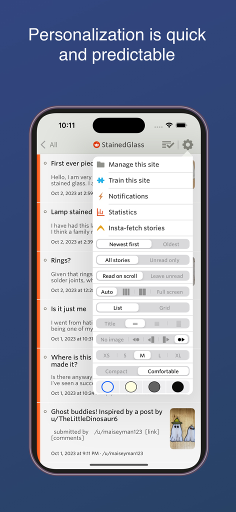 NewsBlurアプリの詳細なパーソナライゼーションメニュー。フィード管理と表示オプションを表示しています。