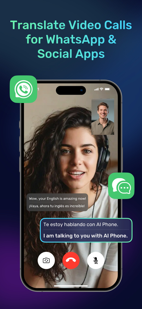 AI Phone app interface showing real time video call translation for WhatsApp with live subtitles