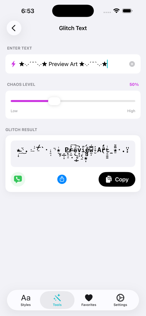 Stylish Text: Fonts & Art - Interface da ferramenta Texto Glitch mostrando um resultado de fonte Zalgo e controle deslizante de nível de caos