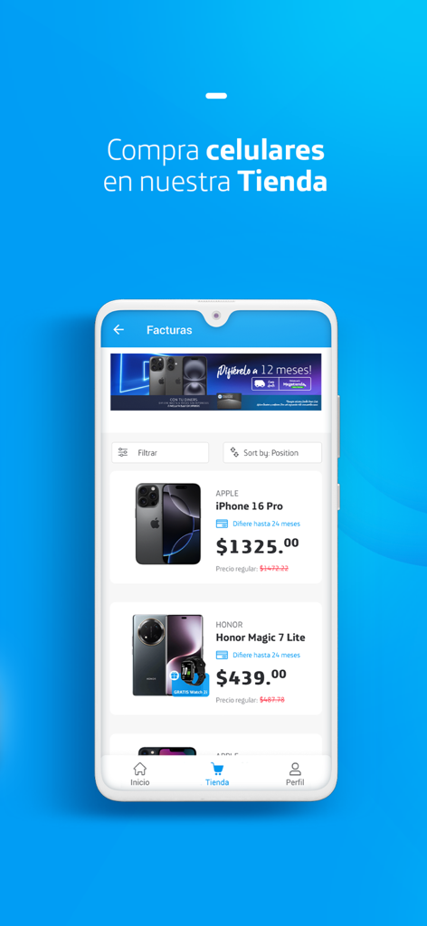 La app Mi Movistar Ecuador mostrando la sección de tienda con ofertas y precios de teléfonos móviles