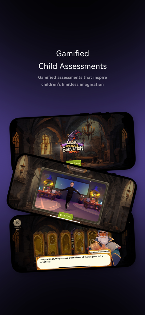 Meowsprout app interface showing gamified neurological development assessments for children with interactive game screens and movement tracking