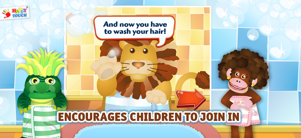 Leone cartone animato in una vasca da bagno con una nuvoletta di dialogo sul lavaggio dei capelli in un gioco di animali per bambini