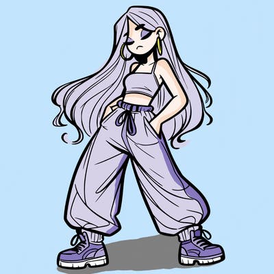 girl in baggy pants crop top and long hair