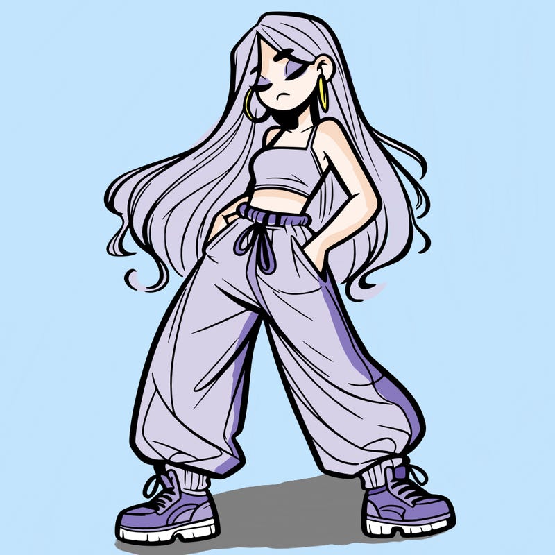 girl in baggy pants crop top and long hair