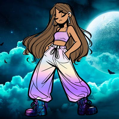 girl in baggy pants crop top and long hair