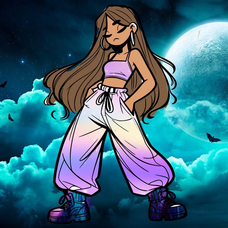 girl in baggy pants crop top and long hair