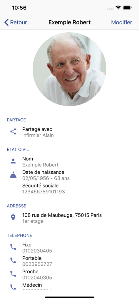 AlbuSoins - Patient profile page in the AlbuSoins nursing app showing contact details and medical identification