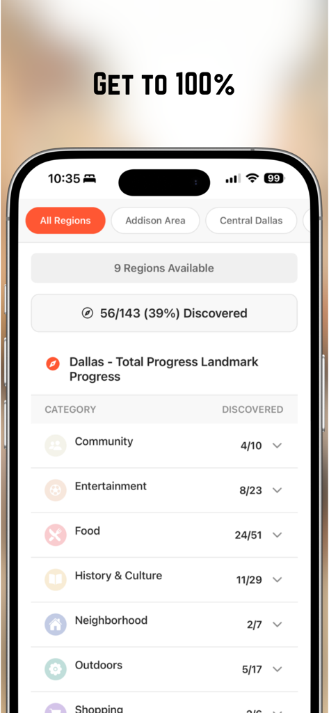 ダラスのランドマークの都市発見の進捗状況とカテゴリを示すOpen Worldアプリのスクリーンショット。
