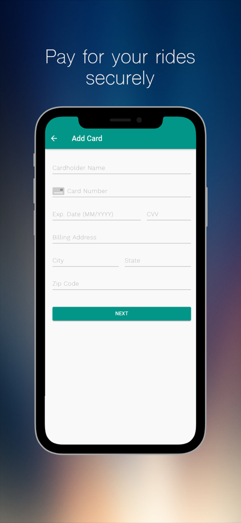 Opoli - Opoli app interface showing the add card screen for secure and cashless ride payments