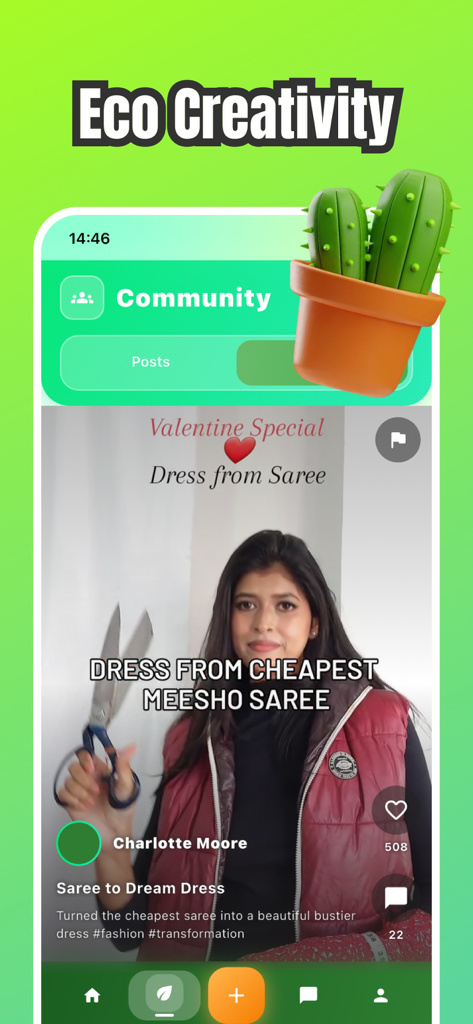 Lovmii app interface showing a community post about transforming a saree into a dress under the Eco Creativity category.