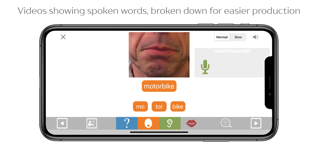 Interfaz de la aplicación Cuespeak que muestra un vídeo para la producción del habla y la palabra motocicleta dividida en sílabas.
