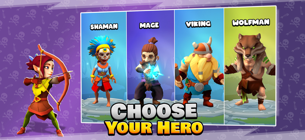Loot Heroes: Fantasy RPG Games - Tela de seleção de personagens para Loot Heroes mostrando vários heróis de RPG de fantasia como Xamã, Mago, Viking e Lobisomem.