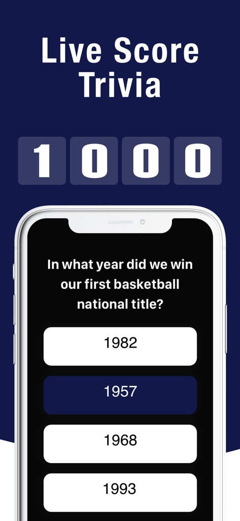 Pantalla de trivia de puntuación en vivo de la aplicación Stadium FX que muestra una pregunta del campeonato de baloncesto