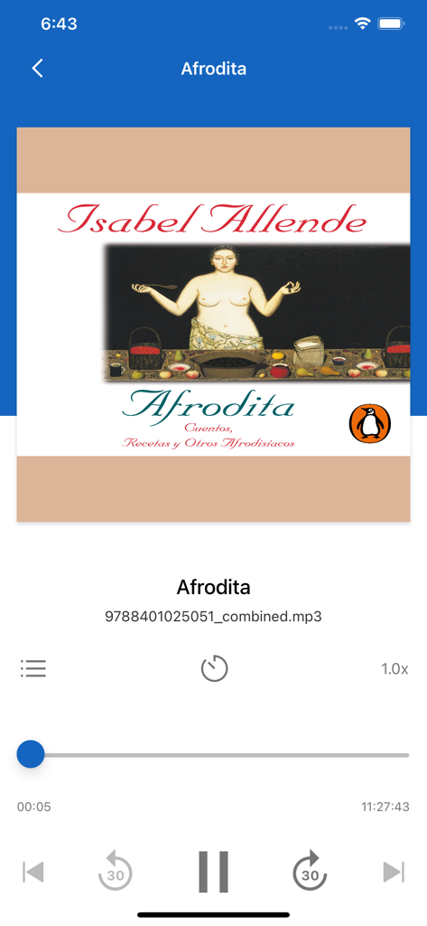 Biblio Digital - 이사벨 아옌데의 저서 'Afrodita'가 포함된 Biblio Digital 앱의 오디오북 플레이어 인터페이스
