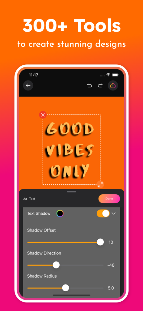 Background Editor: Blur App - Interface of the Background Editor app showing text shadow adjustment tools for a graphic design.