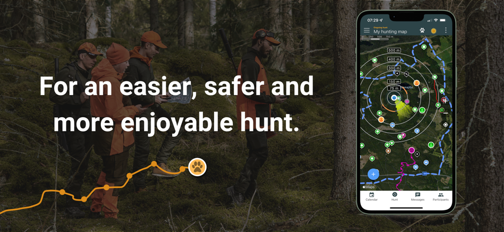 Group of hunters in a forest with the WeHunt navigation app on a smartphone