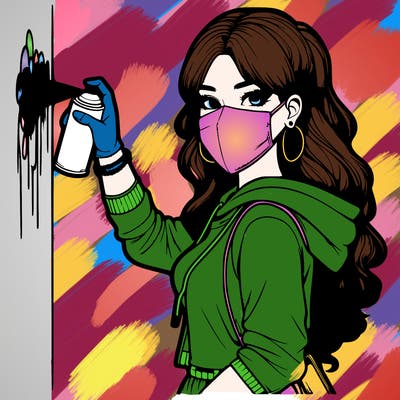 realistic girl with mask spray painting a wall