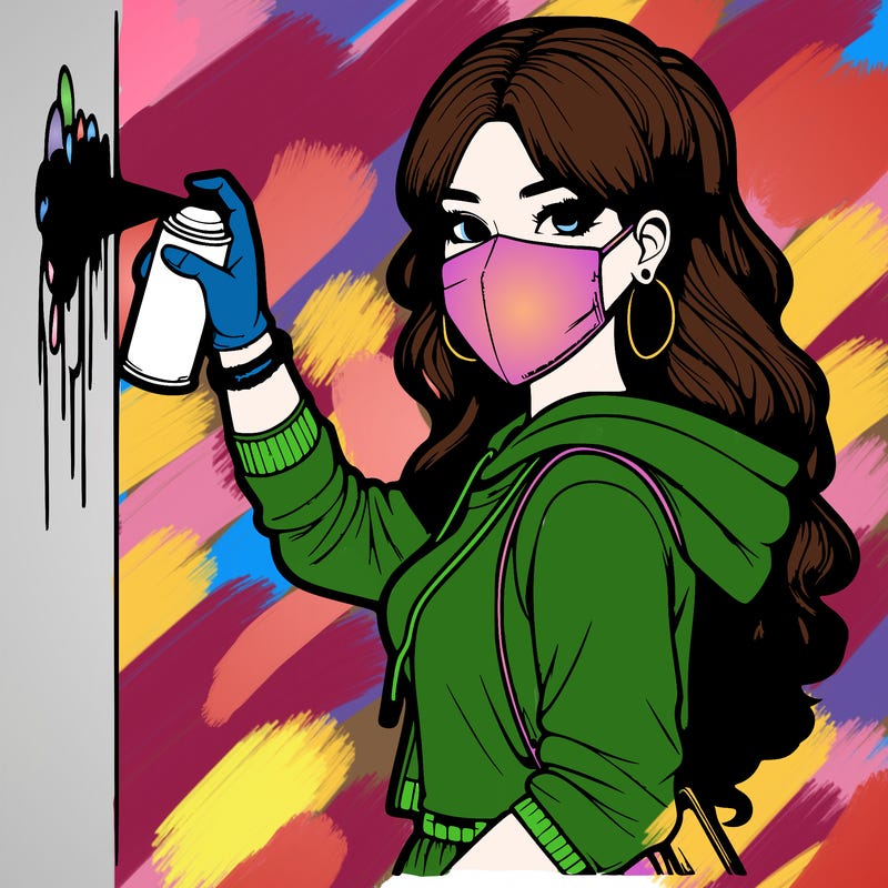 realistic girl with mask spray painting a wall