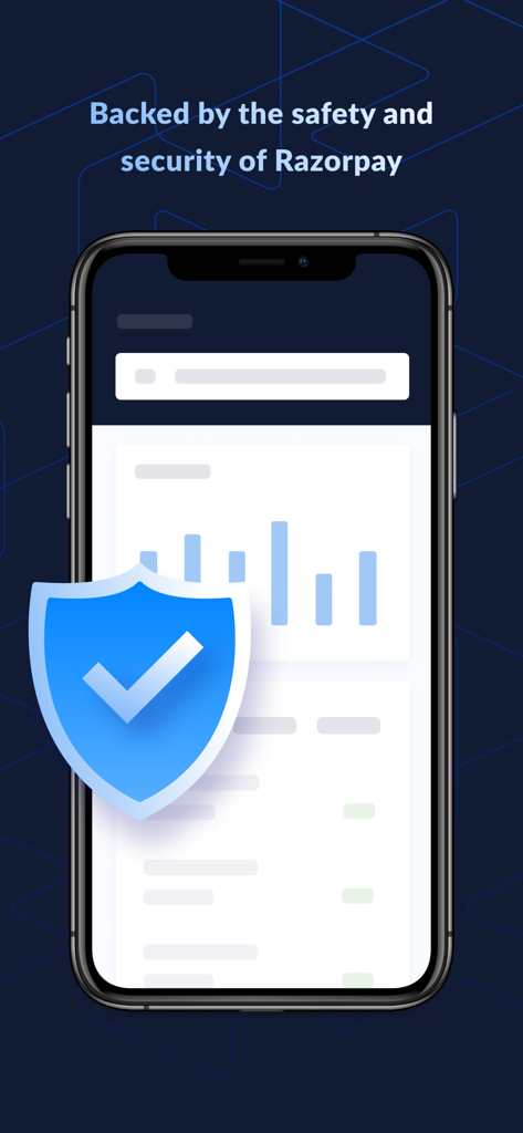Interface de l'application mobile Razorpay avec une icône de bouclier de sécurité bleue symbolisant des paiements sûrs et sécurisés