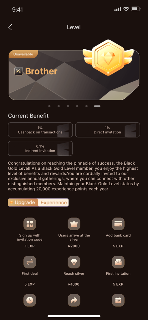 CardBrother - Sell Gift Cards - Écran d'adhésion CardBrother montrant les avantages du niveau de fidélité et les récompenses de points d'expérience