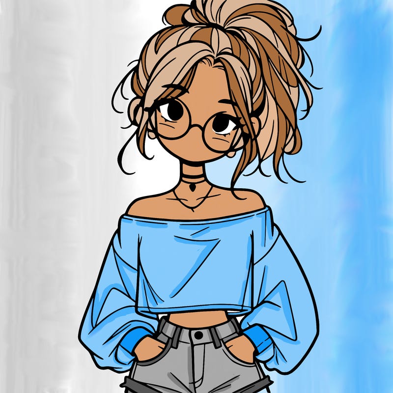 girl with a messy ponytail glasses a baggy crop top and jean shorts