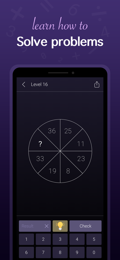 Math: Riddles and Puzzles - Math riddles app screenshot showing a circular logic puzzle with numbers and a keypad