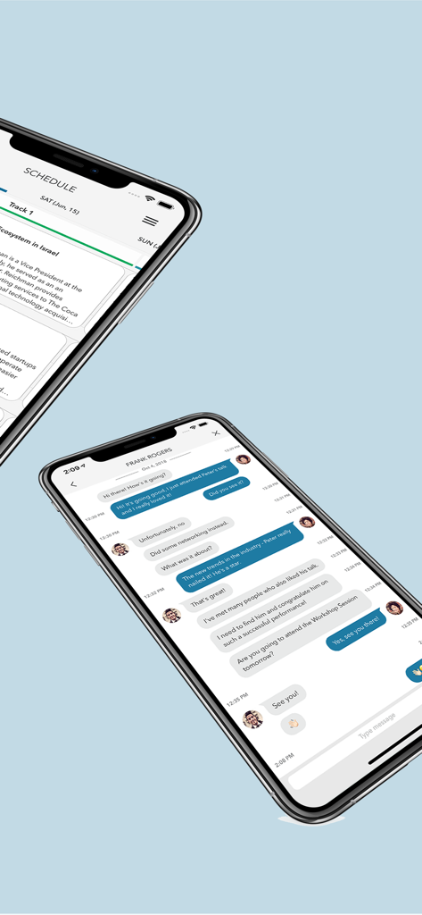 Eventory - for better events - Eventory mobile app interface showing an event schedule and an in-app professional networking chat on two iPhones