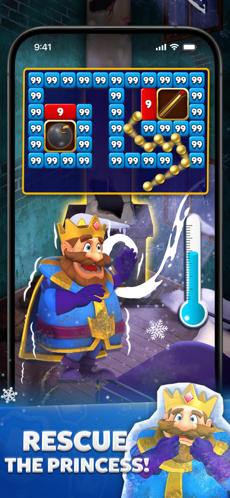 Bricks Royale - Bricks Royale rescue mode gameplay featuring a shivering king and a brick breaker puzzle